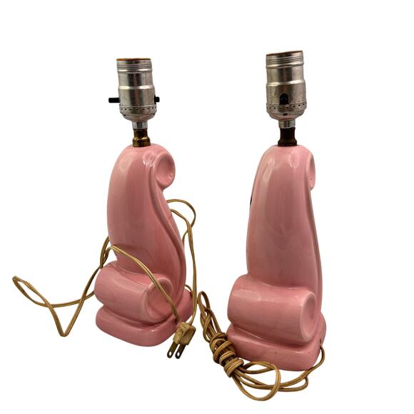 MCM 1950s Pink Swirl Table Lamp abstract design set of 2 - Picture 2 of 6